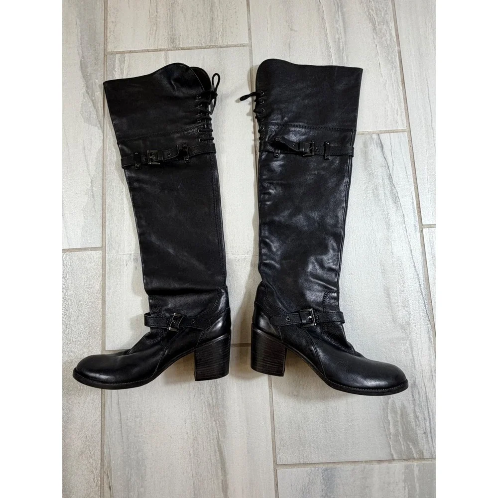 Jeannot Italy Black Leather Over The Knee Buckle Harness Block Heel Boots 40